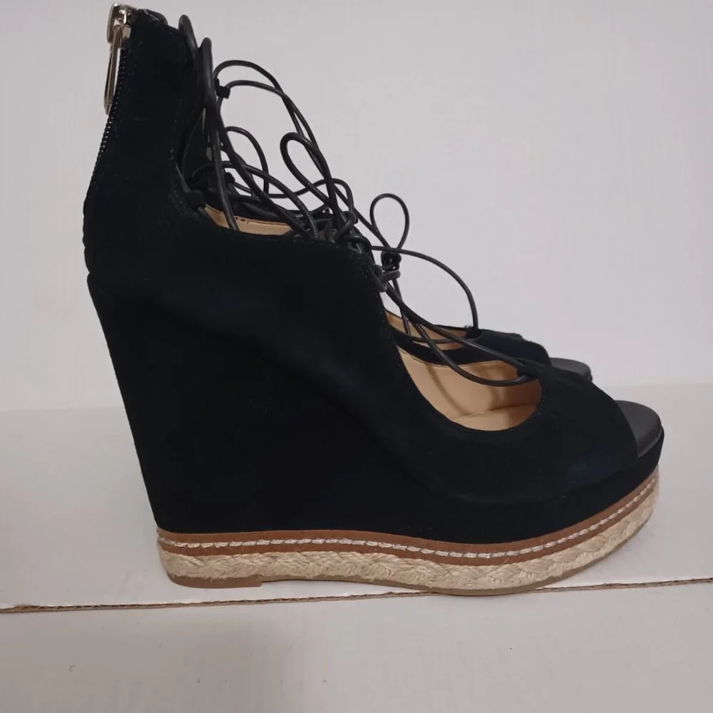 SAM EDELMAN HARRIET SUEDE ESPADRILLE WEDGE PLATFORM SANDALS BLACK SIZE 7.5